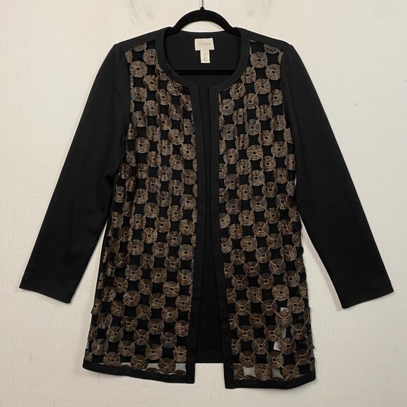 Chico's Black Mesh Open Front Longline Blazer Cardigan Sweater Size Small - Picture 1 of 6